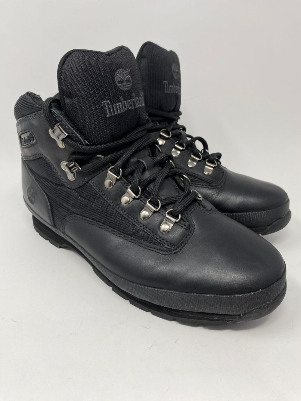 Timberland Hiking Boots Mens 12W Black Leather Euro Hiker 56038 Lace Up Outdoor